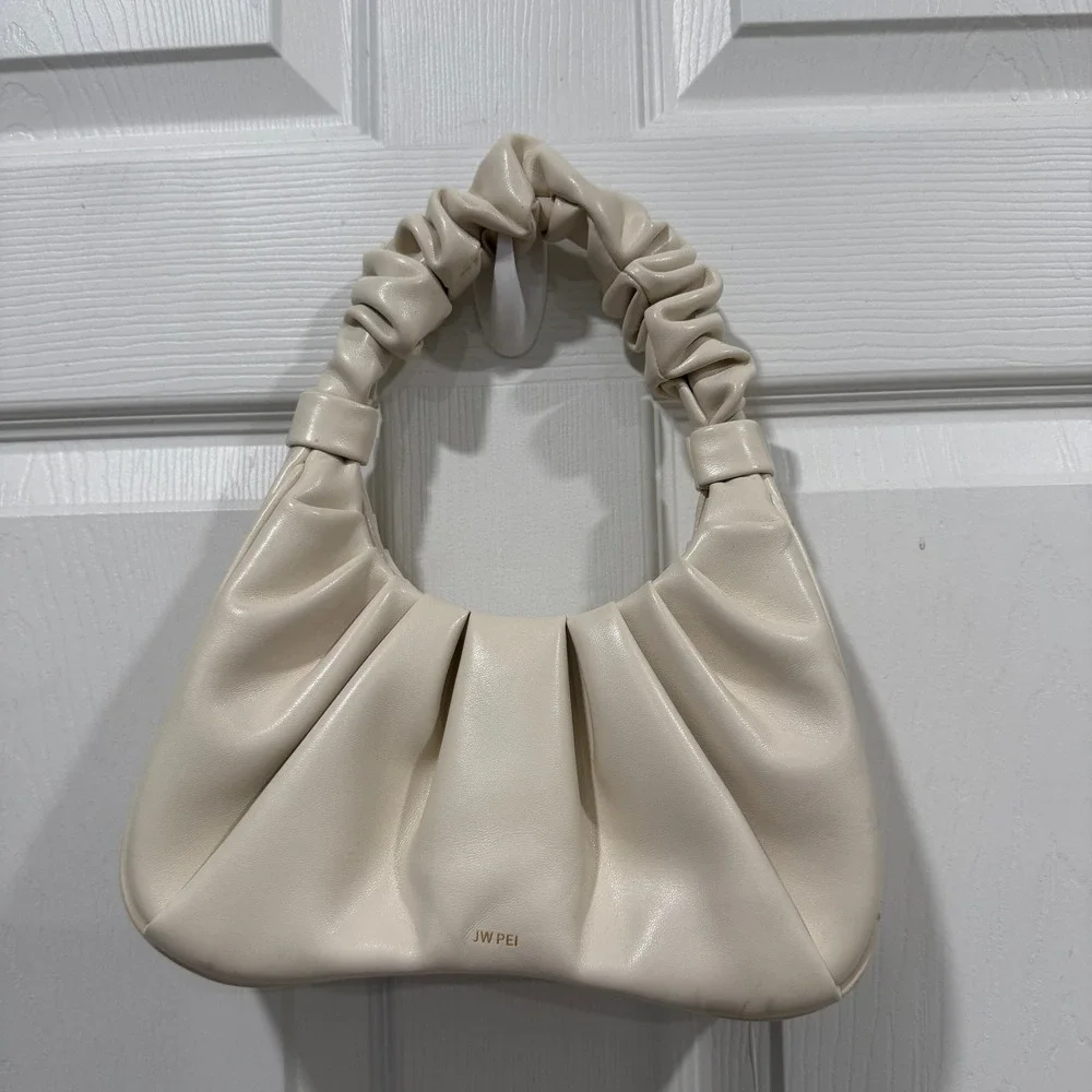 JW Pei Cream Ruched Shoulder Bag Faux Leather Trendy Handbag
